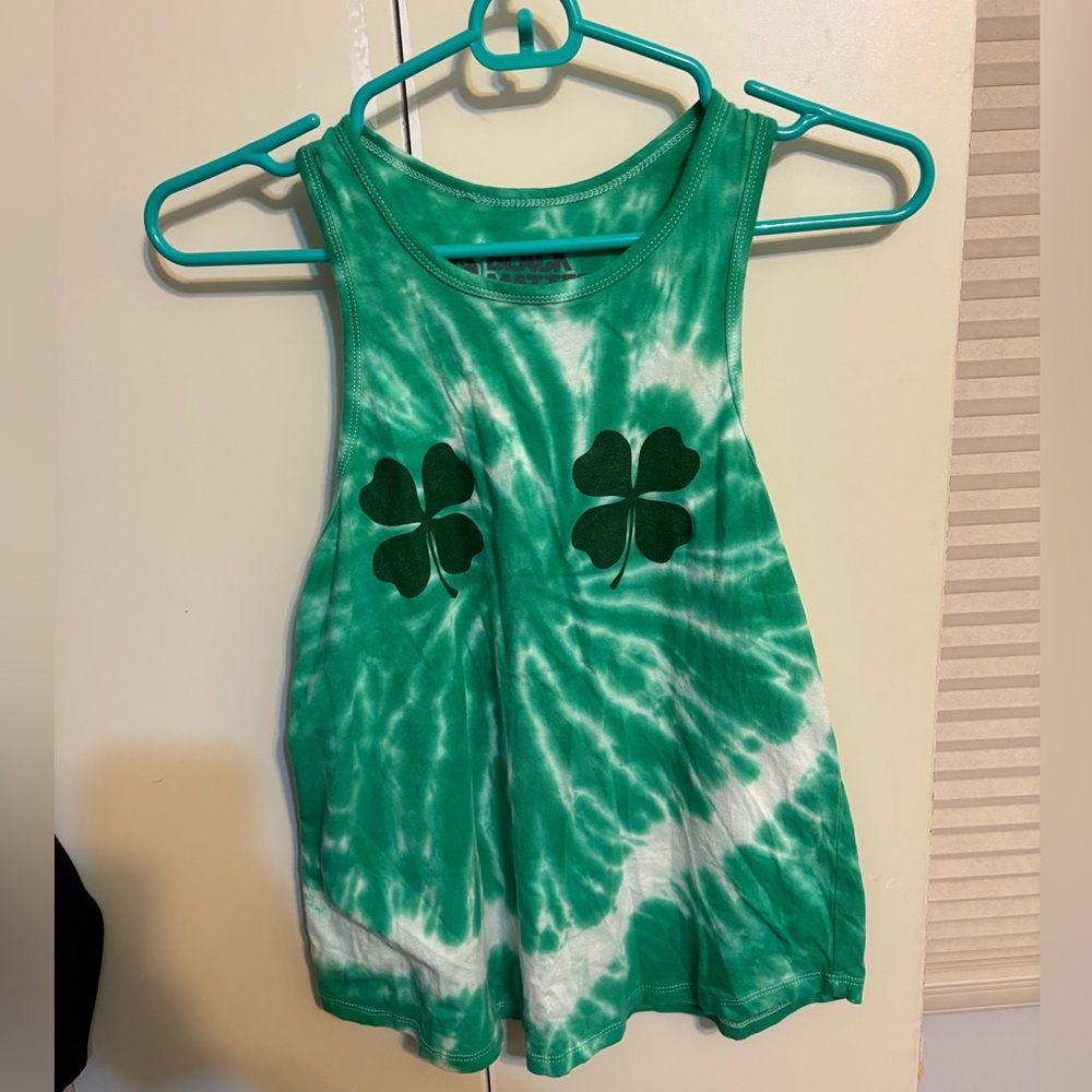 Hot Topic Green and White Tie-Dye Tank Top with Clover Prints